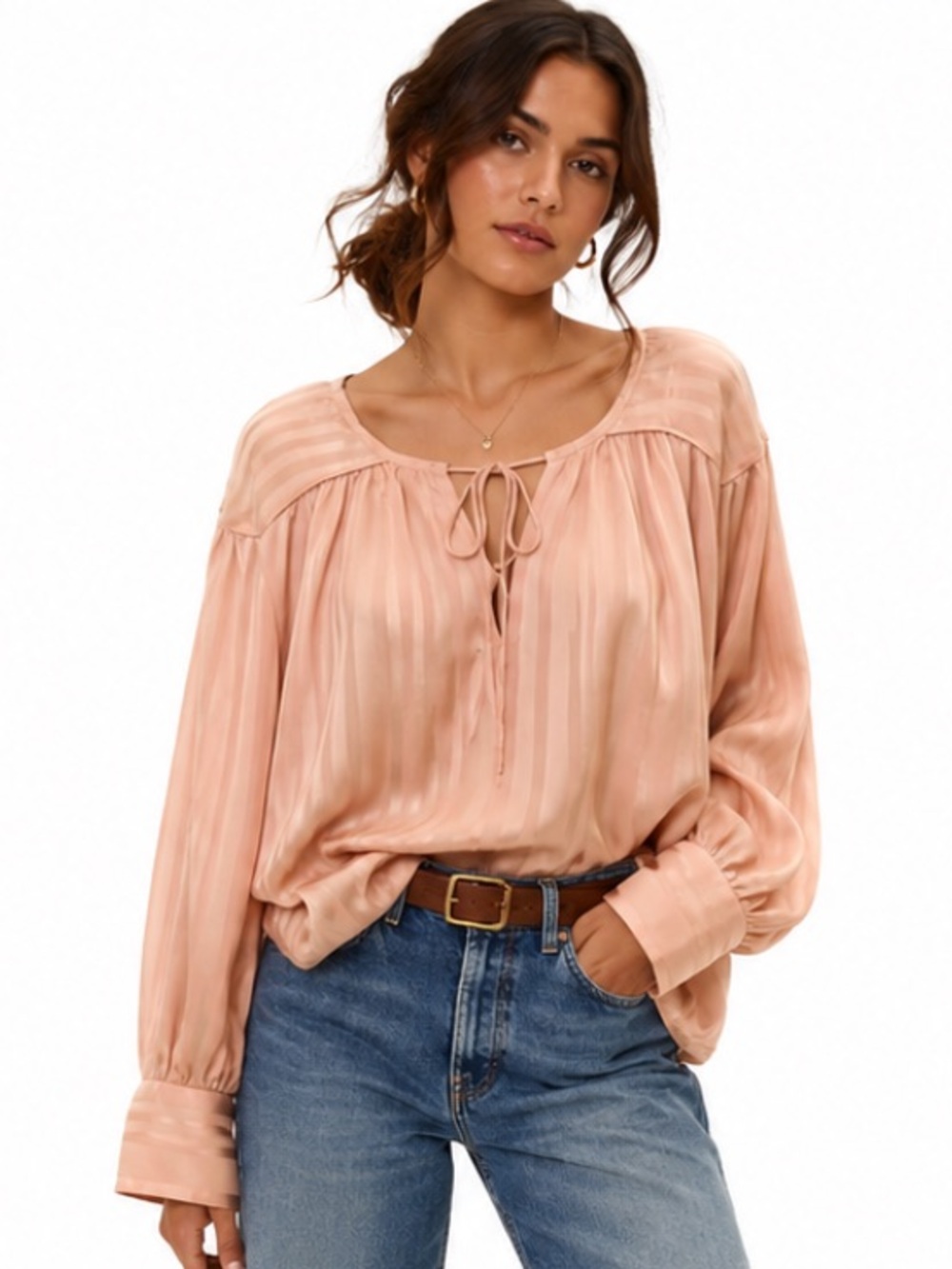 H&M PEACH SATIN STRIPE TIE-FRONT PEASANT SWING BLOUSE 12 NWT